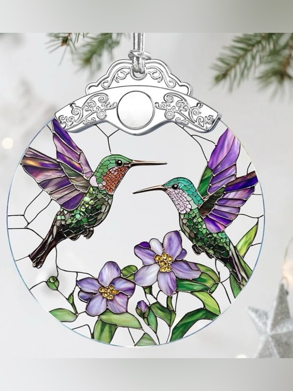 3/$18.00 Stained Glass Hummingbird Window Ornament - Purple & Green
